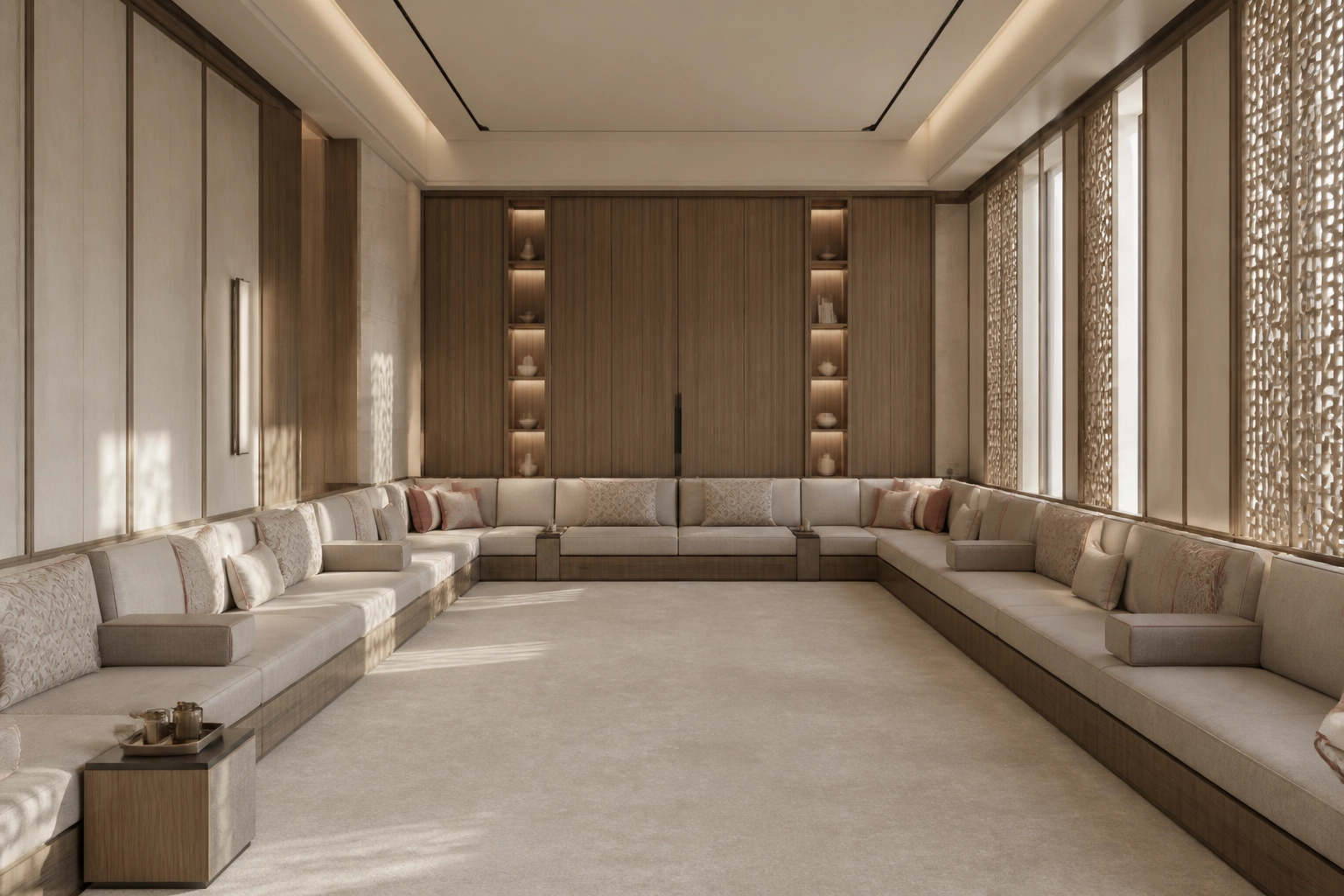 Saudi Majlis – Olive Linear Wood + Warm Limestone + Desert Blush